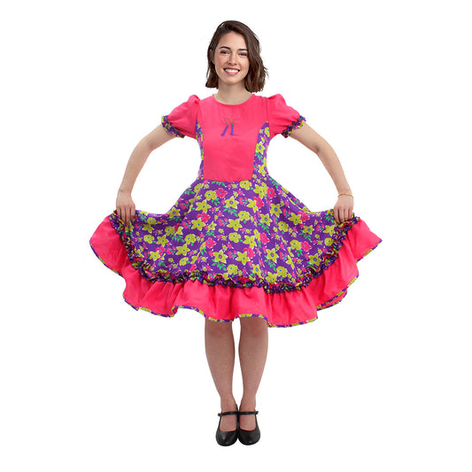 Vestido de huasa chinita floreado fucsia con lila talla XL