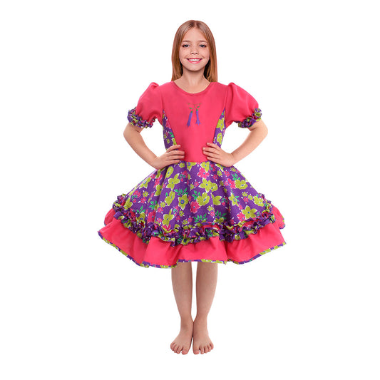 Vestido de huasa chinita floreado fucsia con lila talla 7-9 anos