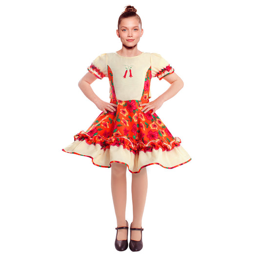 Vestido de huasa chinita floreado naranjo con blanco talla L