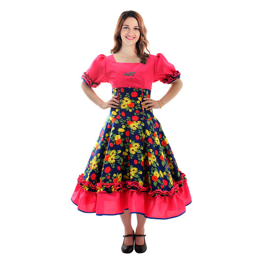 Vestido de huasa chinita de competencia floreado fucsia con azul talla XL