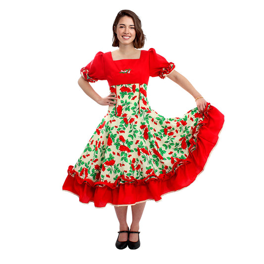 Vestido de huasa chinita floreado rojo con blanco