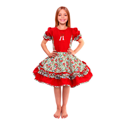 Vestido de huasa chinita floreado rojo talla 5-6 anos