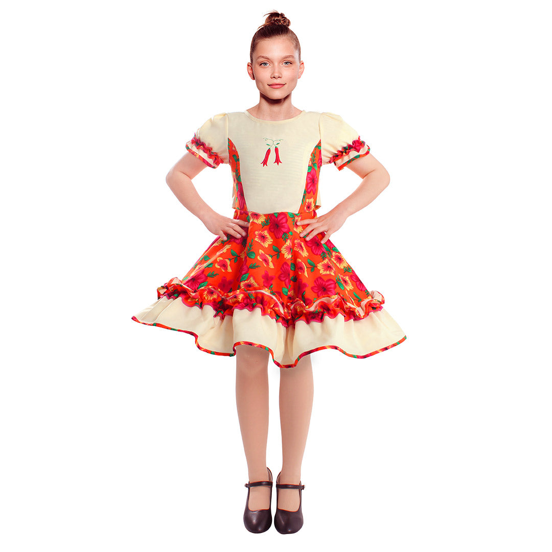 Vestido de huasa chinita floreado naranjo con blanco talla XL