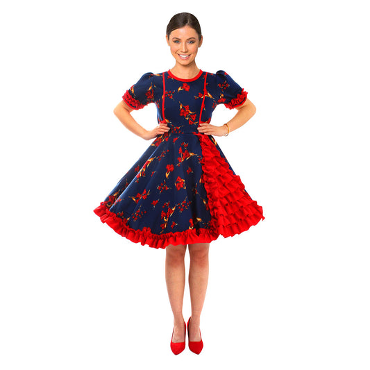 Vestido de huasa chinita floreado azul con fucsia