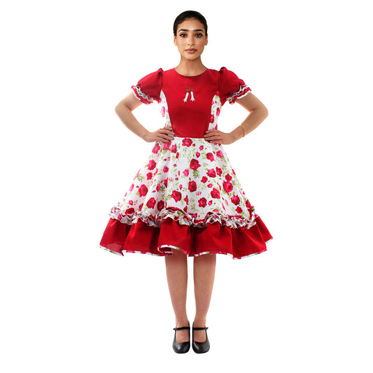 Vestido de huasa chinita floreado burdeo con blanco talla S
