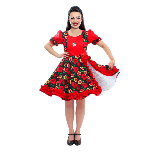 Vestido de huasa chinita floreado rojo con negro talla L