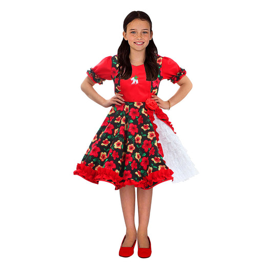 Vestido de huasa chinita floreado rojo con negro talla 5-6 anos