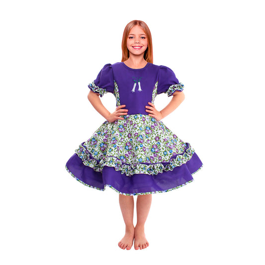 Vestido de huasa chinita floreado lila talla 5-6 anos