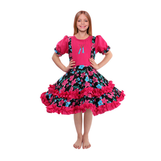Vestido de huasa chinita floreado fucsia con negro talla 10-12 anos