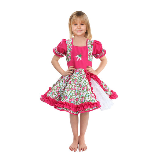Vestido de huasa chinita floreado fucsia talla 3-4 anos
