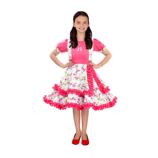Vestido de huasa chinita floreado fucsia con blanco talla 5-6 anos