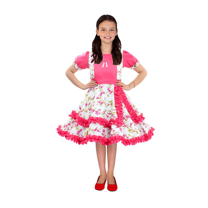 Vestido de huasa chinita floreado fucsia con blanco