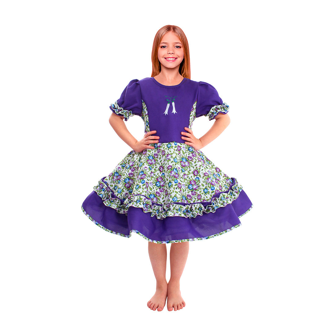 Vestido de huasa chinita floreado lila talla 7-9 anos