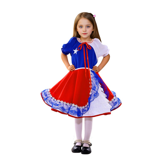 Vestido de huasa chinita diseno bandera, talla 10-12 anos
