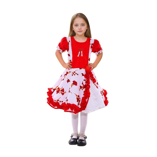 Vestido de huasa chinita floreado rojo con blanco talla 13-14 anos