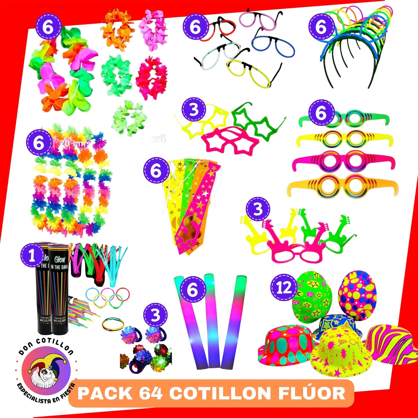 PACK 64 ELEMENTOS FLUOR regalo 50 pulseras luminosas