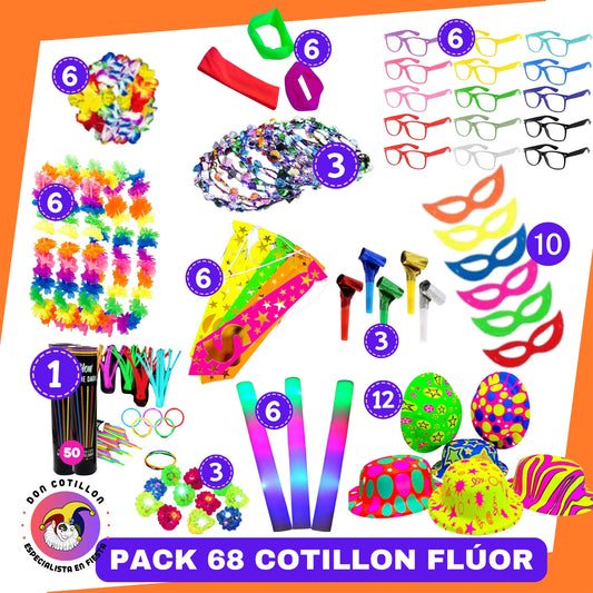 PACK 68 ELEMENTOS FLUOR regalo 50 pulseras luminosas