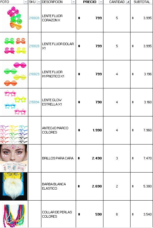 Pack 200 invitados cotillon fluor luminoso