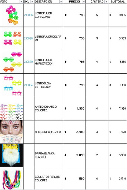 Pack 200 invitados cotillon fluor luminoso