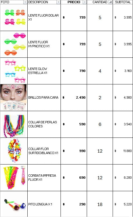 Pack 80 invitados fluor luminoso