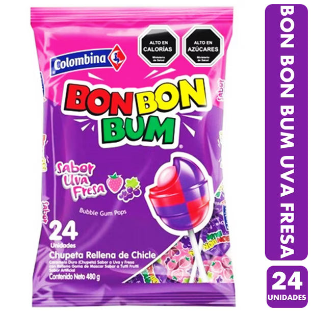 Caramelo Bon Bon Bum Uva Fresa (bolsa Con 24 Unidades)