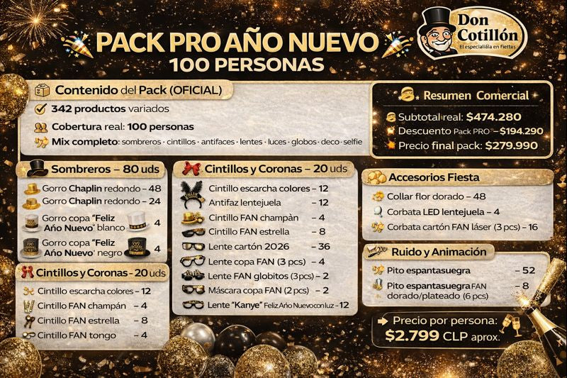 PACK DON COTILLON PRO AÑO NUEVO 100 PERSONAS